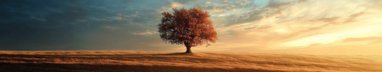 A solitary tree under a vibrant sunset sky in an open field
