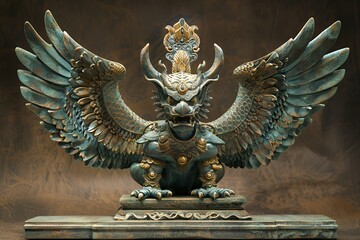 A majestic mythical creature sculpture with wings and intricate details.