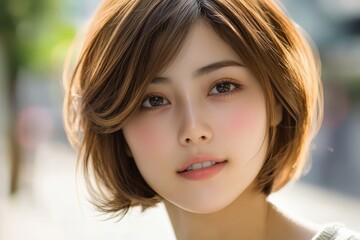 Fototapeta premium Young Japanese woman with bob hair enjoying a sunny day outdoors
