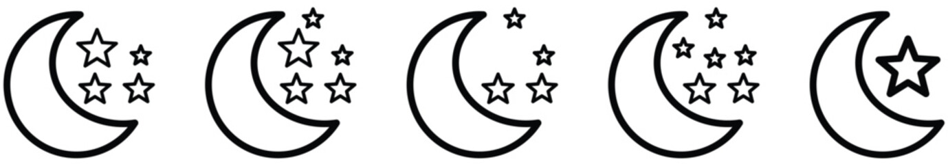 Half moon stars icon. crescent moon, Shine and sparkle stars vector icon sign - night or dark mode icons line art.