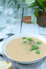 A bowl with mushroom cream soup	