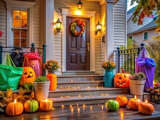 Obraz premium Colorful trick-or-treat bags and spooky decorations spaced apart on a porch, adhering to social distancing guidelines, while awaiting Halloween visitors on a autumn evening.