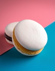 Assorted alfajores with different coatings on a solid colorful background - traditional argentinian dessert sweet