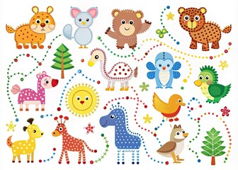 Obraz premium Colorful vector illustration of fun connect-the-dots puzzles on white background, featuring various shapes, animals, and objects for kids' creative learning and development activities.