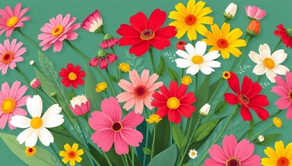 A colorful bouquet of various flowers illustration including orange daisies, red poppies, white daisies, and other vibrant blooms against a light background