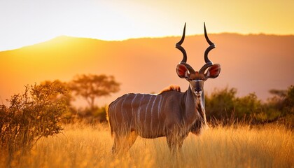 kudu buck with big horns in the grassland at sunset