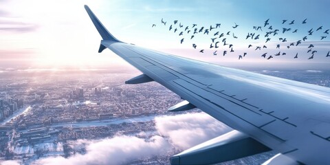 An airbus plane is flying in the sky and birds are flying on the tip of the wing 