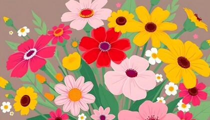 A colorful bouquet of various flowers illustration including orange daisies, red poppies, white daisies, and other vibrant blooms against a light background