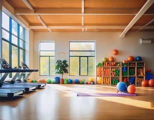 Physical education room full of fitness sport equipment for indoor training. School gym
