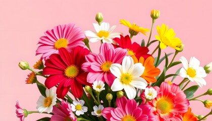 A colorful bouquet of various flowers illustration including orange daisies, red poppies, white daisies, and other vibrant blooms against a light background