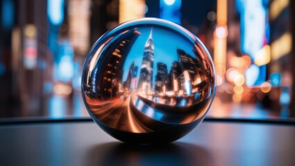 A crystal ball on a surface reflecting a cityscape at night with vibrant lights and a blurred background.