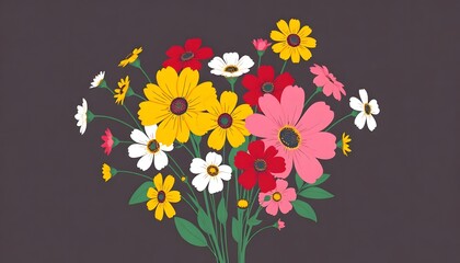 A colorful bouquet of various flowers illustration including orange daisies, red poppies, white daisies, and other vibrant blooms against a light background