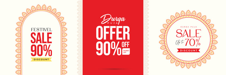Durga Puja Offer Banner with Arch, Background Frame, and Decorative Border Featuring Goddess Durga, Happy Durga Puja Message, Sale, Discount Tags, and Promotion for Navratri, Ganesh Chaturthi