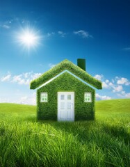 Green grass house in the field under blue sky, exterior view of ecology and environment