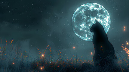 Naklejka premium animated cat meowing on full moon