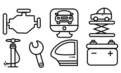 Car parts and tools icons.
Engine, car on hydraulic lift, pump, wrench, car door and battery.