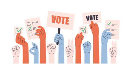 Human hands holding vote ballots, participate in voting. Voting and elections concept. Vector illustration in flat style