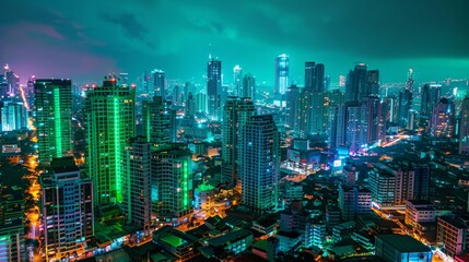 Obraz premium Vibrant City Skyline Illuminated at Night Symbolizing Sustainable Future