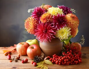 Obraz premium Autumn still life with garden flowers. Beautiful autumnal bouquet in vase, apples and berries on wooden table. Colorful dahlia and chrysanthemum.