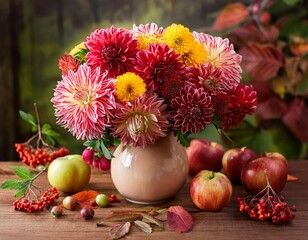 Obraz premium Autumn still life with garden flowers. Beautiful autumnal bouquet in vase, apples and berries on wooden table. Colorful dahlia and chrysanthemum.
