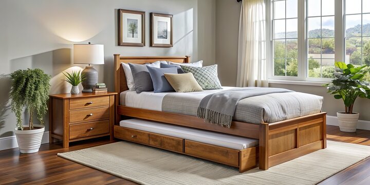 Cozy bedroom scene featuring a sturdy wooden trundle bed with a comfortable mattress, crisp white bedding, and a few plush pillows in a calming atmosphere.