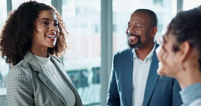 Business, people and handshake in office for introduction, welcome and meeting for hiring, recruitment and proposal. Man, women and shaking hands for thank you or greeting, b2b and onboarding.