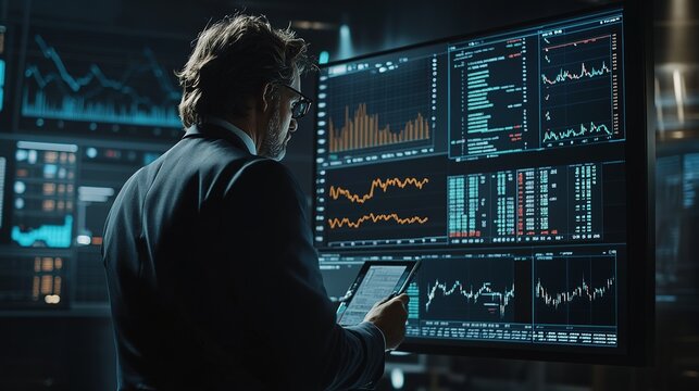 A stock trader analyzing financial charts on a large screen, making decisions based on real-time market data