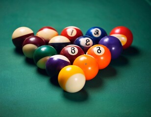 Close-up of colorful billiard balls arranged in triangle on green pool table for game setup