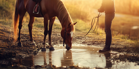 You can lead a horse to water but you can't make him drink - a literal interpretation of a classic idiom with a silhouetted horse and a man near a pond, idiom