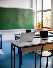 Background shot of empty primary school classroom with working desk, open laptops