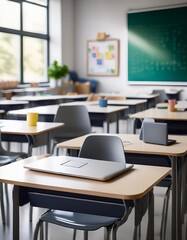 Fototapeta premium Background shot of empty primary school classroom with working desk, open laptops