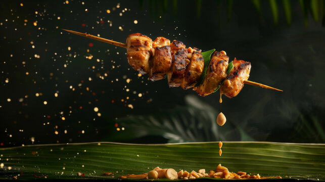 Peruvian chicken anticucho skewer floating above a colorful platter, marinated in aji panca sauce