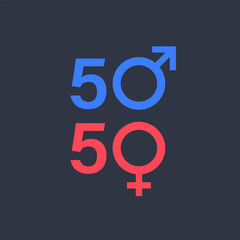 50/50 in a relationship. male and female. Isolated vector illustration.