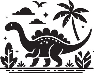 dinosaur and tree black and white silhouette vector art flat graphic design background outline illustrations