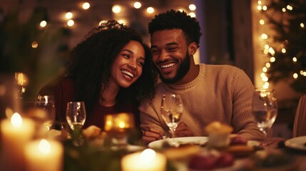 Cozy Romantic Dinner for Two - A joyful couple sharing a heartfelt moment during a festive dinner, surrounded by warm lights and delicious food symbolizing love, joy, connection, celebration, and toge