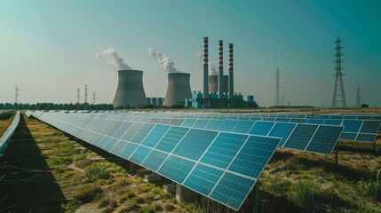 Field of Solar Panels with Decommissioned Coal Power Plant Background