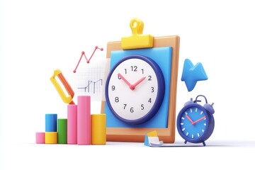 A 3D illustration showcasing the importance of time management, productivity, and goal setting with a clock, charts, and a checklist.