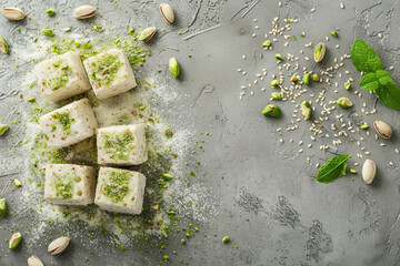 A plate of food with nuts and a green leaf on top