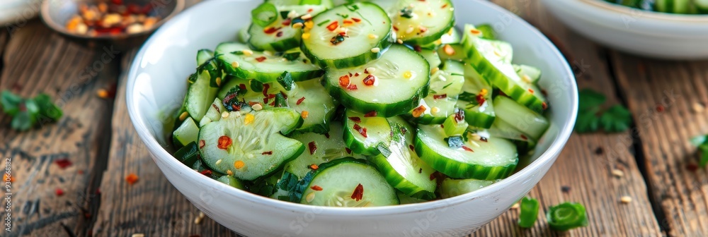 Sticker cucumber salad with asian dressing in a white bowl on a wooden table - vertical view