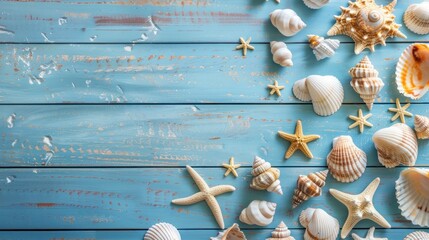 Seashells and Starfish on a Blue Wooden Background with copy space