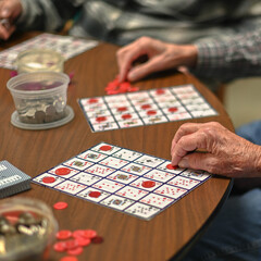 game games bingo senior seniors tabletop card, hand, table, people, person, hands, casino, table, betting, chips, gambling