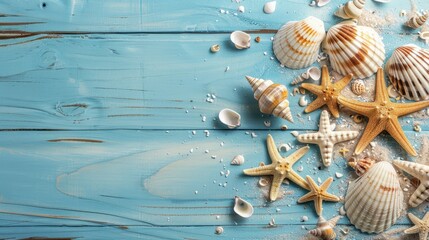 Seashells and Starfish on a Blue Wooden Background with copy space
