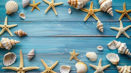 Seashells and Starfish on a Blue Wooden Background with copy space