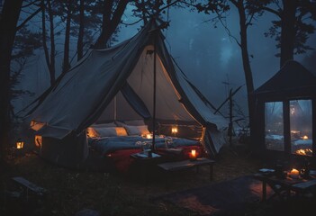 cozy tent with a wooden floor, surrounded by trees and lit by lanterns, creating a warm and inviting atmosphere.