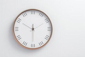 A wooden clock with a white face and black hands showing the time as 10:30