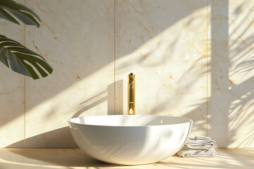 Fototapeta premium A white sink with a gold faucet sits in front of a wall with a plant
