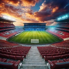 Fototapeta premium Empty stadium showcasing a well-maintained, lush green playing field under bright lights, football stadium inside view, stadium background, empty arena in neon light