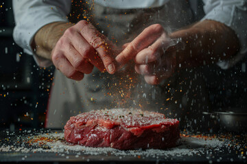 A chef sprinkling salt on a piece of meat