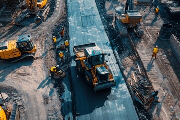 Heavy machinery and workers paving urban road