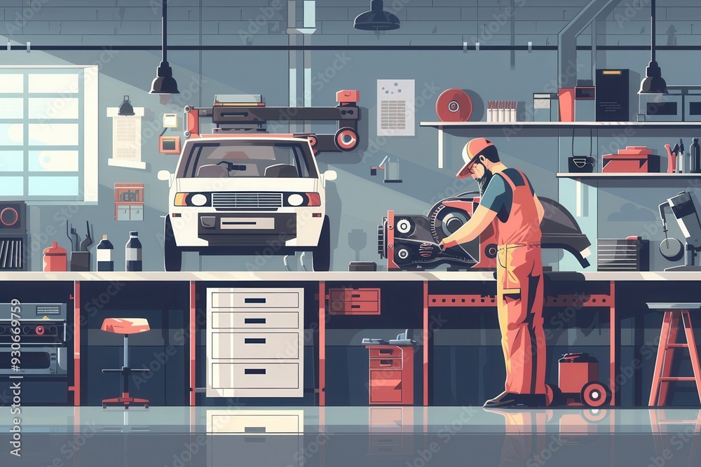 Poster A mechanic is performing a computer diagnostic and working on an engine repair, surrounded by tools and car parts in a well-lit garage. Generative AI